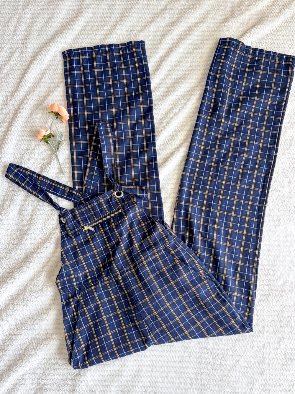 Index Navy Plaid Wide Leg Overalls Jumpsuit Tie Strap Preppy Y2K S